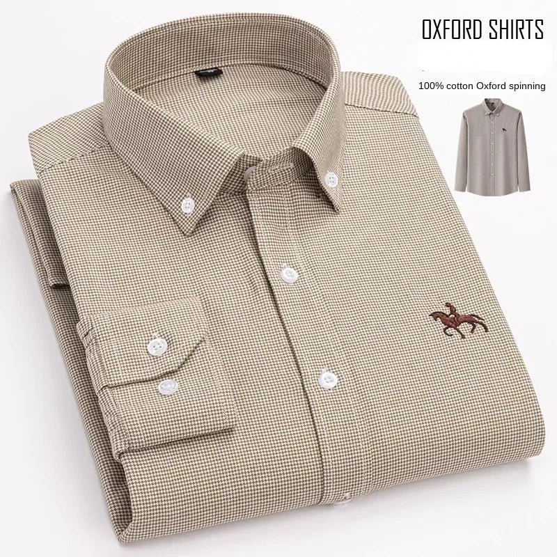 Casual puro algodão oxford camisas masculinas manga longa bordado cavalo design regular ajuste moda botão homem vestido branco camisa