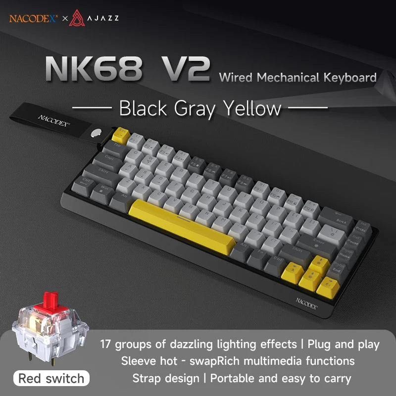 Teclado Mecânico AJAZZ NK68V2 com Fio, Modo Único, Portátil para Jogos, RGB, Hot-Swappable, Leve para PC