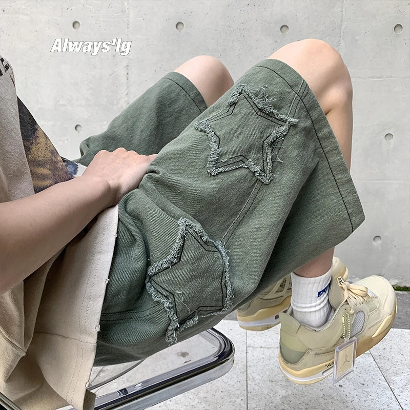 Estrela retalhos shorts masculino vintage denim verão básico simples all-match venda quente cintura alta lazer ulzzang streetwear chique shorts