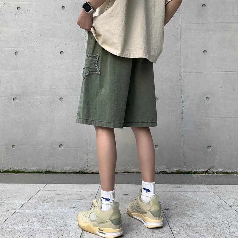 Estrela retalhos shorts masculino vintage denim verão básico simples all-match venda quente cintura alta lazer ulzzang streetwear chique shorts