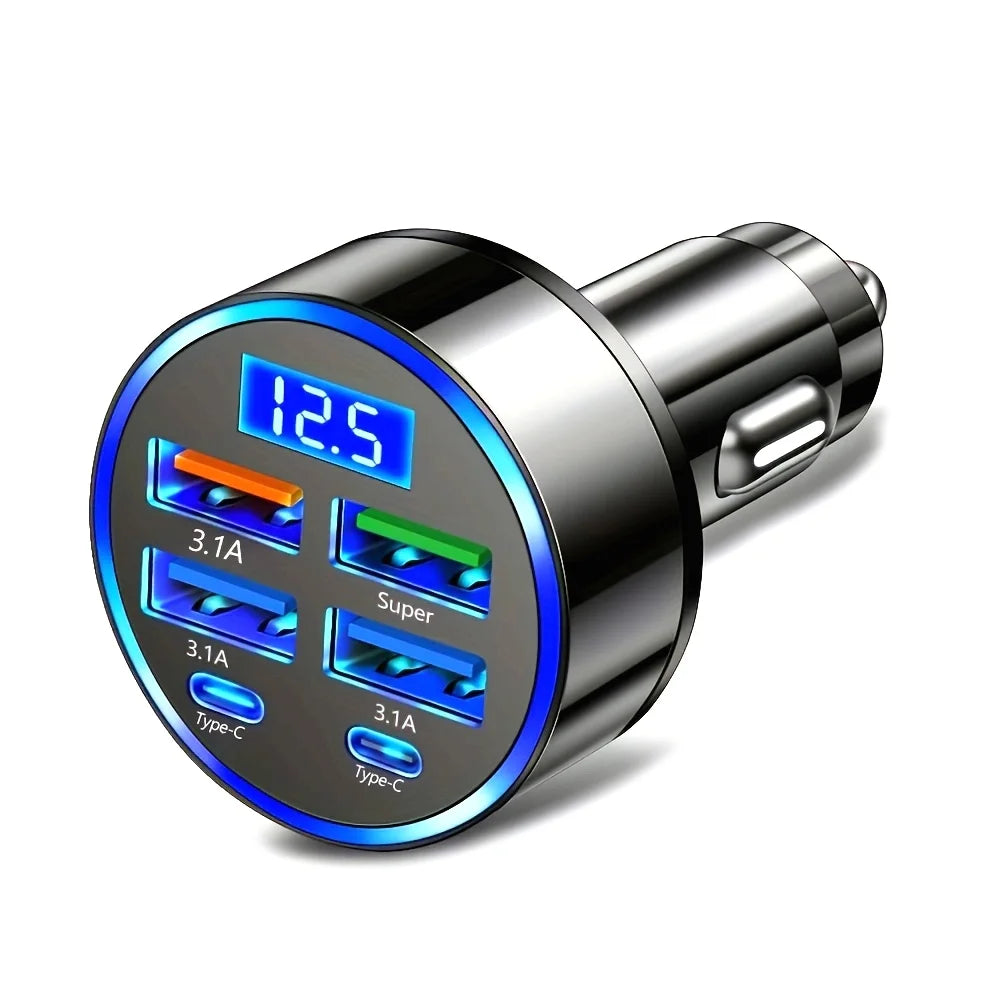 Adaptador de carro de carregamento rápido 6 em 1, 3.1A, display digital duplo tipo C, smartphones, tablets, bancos de energia, carregador portátil preto