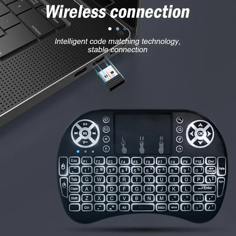 Mini teclado sem fio 2.4ghz, retroiluminação, inglês, russo, espanhol, mouse remoto, touchpad para android, caixa de tv, computador digital i8