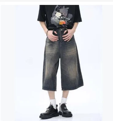 Shorts Jeans Baggy Vintage Y2K de Cintura Alta com Perna Larga para Mulheres e Homens - Moda Oversize na Altura do Joelho