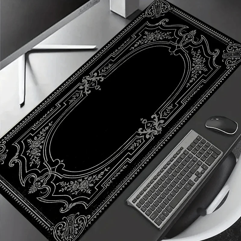 Motivo preto grande barroco ornamentado mouse pad mesa gadgets teclado 90x40cm tapete de mesa xxl playmat mouse pads desktops itens de escritório