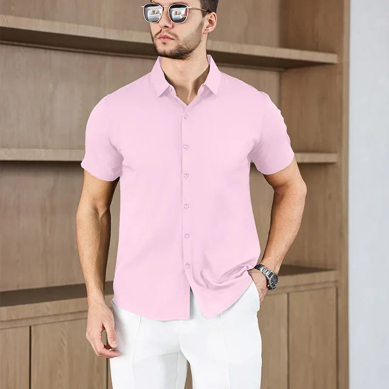Novo negócio masculino casual cor sólida camisa de manga curta para moda verão sem engomar confortável e versátil topo