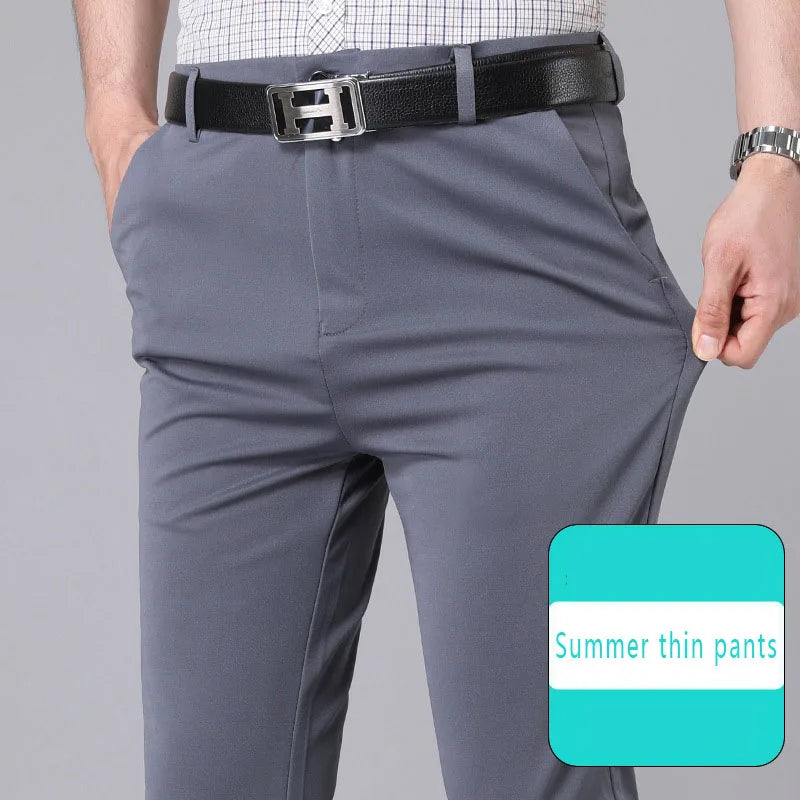 Masculino inteligente calças casuais elástico esportes calças de secagem rápida primavera outono comprimento total em linha reta escritório preto marinho calças de trabalho