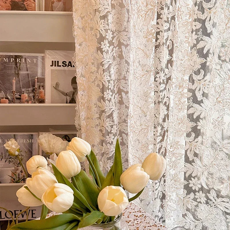 1pc estilo coreano francês ins creme estilo renda tule cortina para quarto e cozinha pequena janela decoração, cortinas de janela de casa