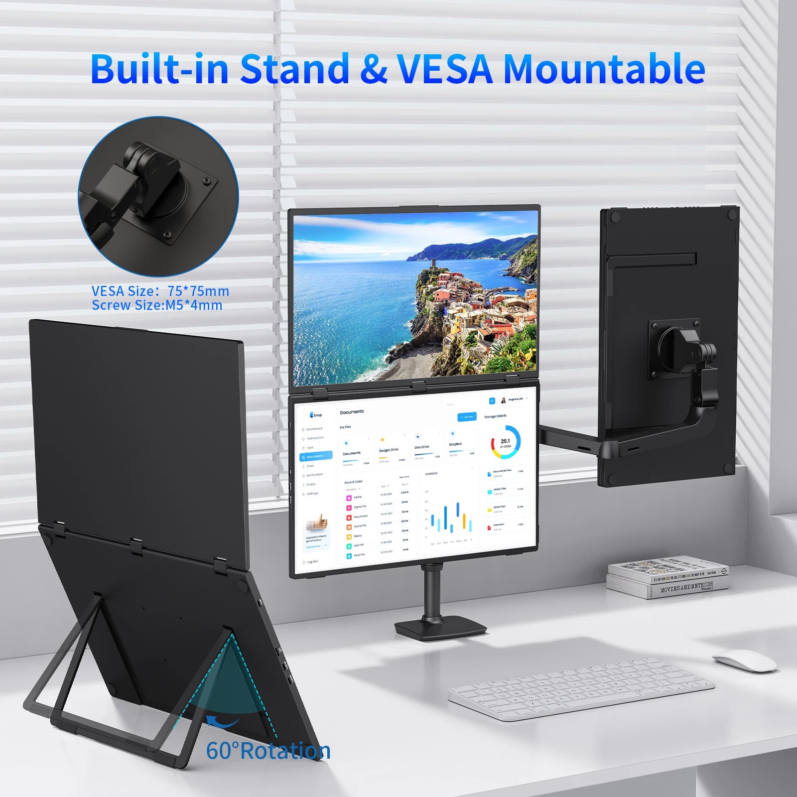 Monitor Portátil Duplo Amoudo de 18,5 polegadas 1080P FHD, Extensor de Tela para Laptop, Monitores Duplos Dobráveis Empilháveis para Laptop, PC, Windows, Mac