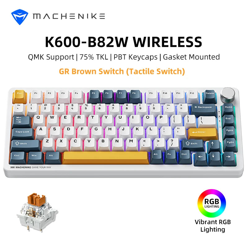 Machenike K600-B82W Teclado Mecânico Tri-Modes Junta Montada 75% ANSI Layout RGB Retroiluminado Teclado para Jogos Sem Fio