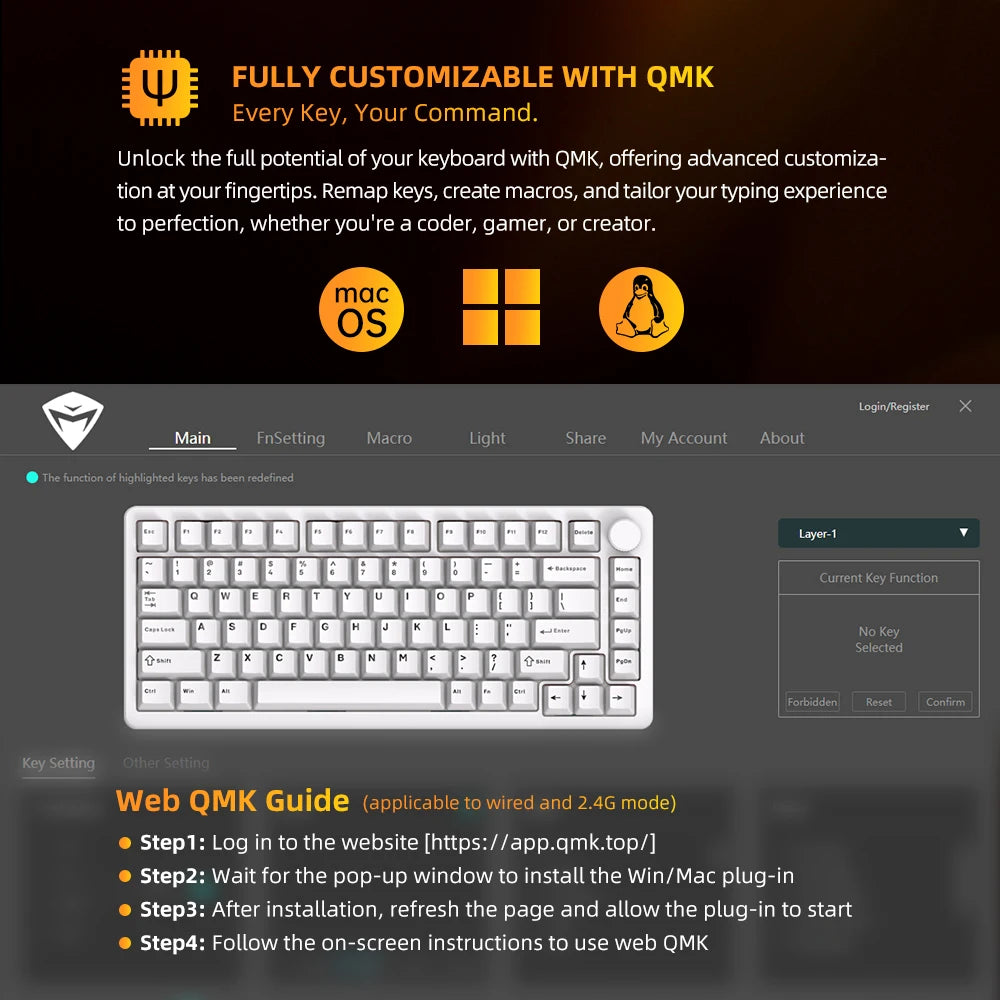 Machenike K600-B82W Teclado Mecânico Tri-Modes Junta Montada 75% ANSI Layout RGB Retroiluminado Teclado para Jogos Sem Fio