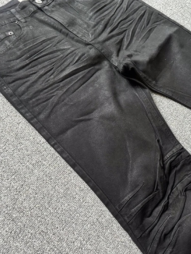 Jeans Masculino Retrô Americano Estilo High Street com Acabamento Artesanal de Cera Escovada, Lavado, Micro Flare, Cintura Mé...
