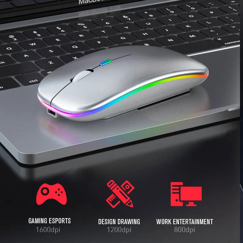 Rato sem fio bluetooth 5.0 com usb recarregável rgb luz para computador portátil computador pc macbook gaming mouse 2.4ghz 1600dpi