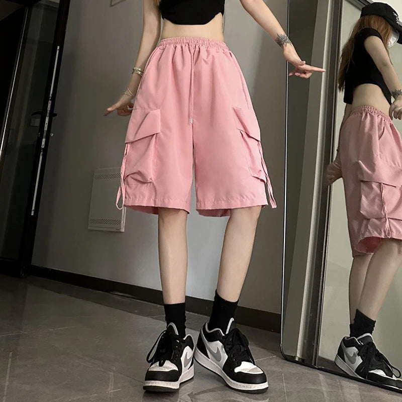 Zoki mulheres cintura alta carga shorts estilo americano streetwear verão calças de perna larga moda feminina grande bolso solto shorts novo