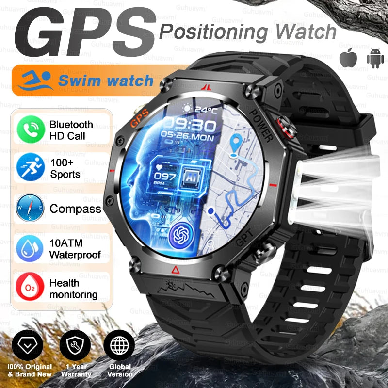 T-rex 3 ultra militar grau gps relógio inteligente 10atm à prova dwaterproof água bússola altímetro barométrico amoled masculino hd chamada esportes smartwatch