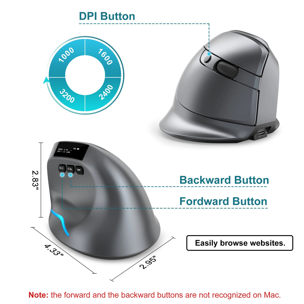 Mouse Vertical Sem Fio Lefon F26C com Tela OLED, Mouse Ergonômico Bluetooth Óptico Recarregável para Jogos em PC e Laptop
