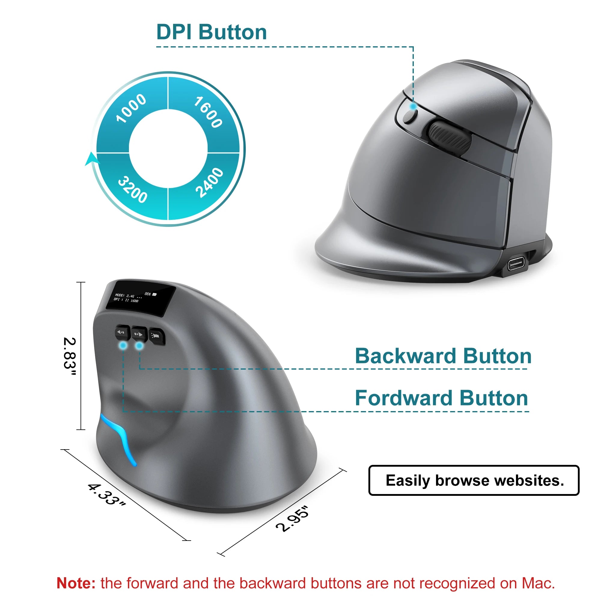 Mouse Vertical Sem Fio Lefon F26C com Tela OLED, Mouse Ergonômico Bluetooth Óptico Recarregável para Jogos em PC e Laptop
