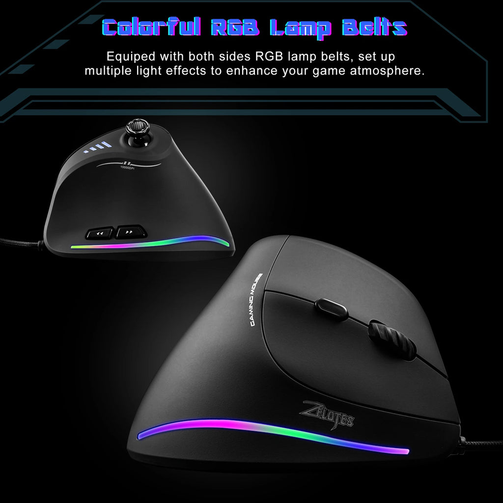 Zelotes c18 mouse com fio vertical ergonômico mouse rgb joysticks programáveis laser gaming ratos 10000 dpi para computador pc gamer