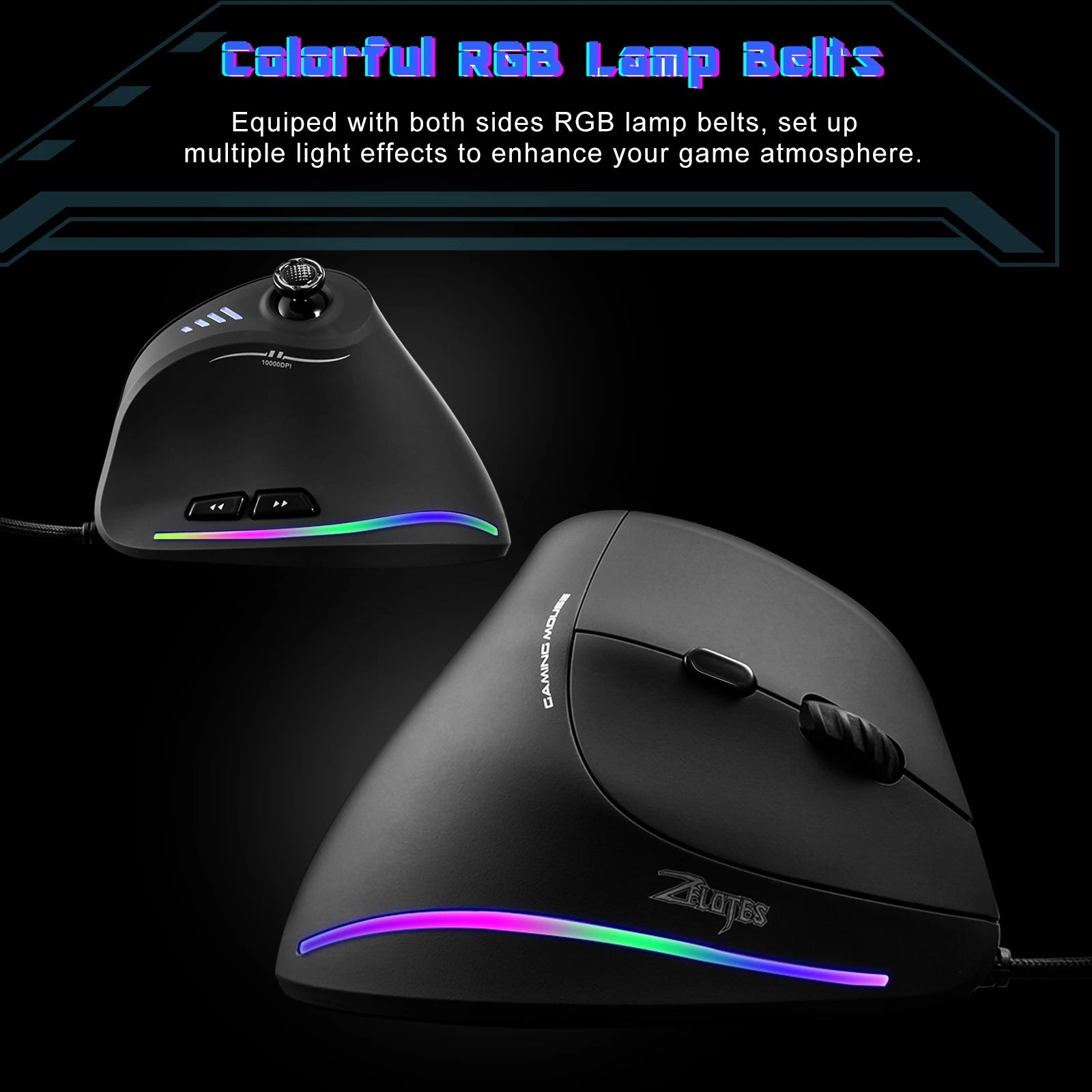 Zelotes c18 mouse com fio vertical ergonômico mouse rgb joysticks programáveis laser gaming ratos 10000 dpi para computador pc gamer