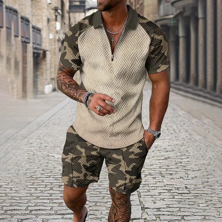 Agasalho de verão masculino terno esportivo conjunto 3d impresso casual manga curta t camisa lapela zip polo roupas masculinas jogging
