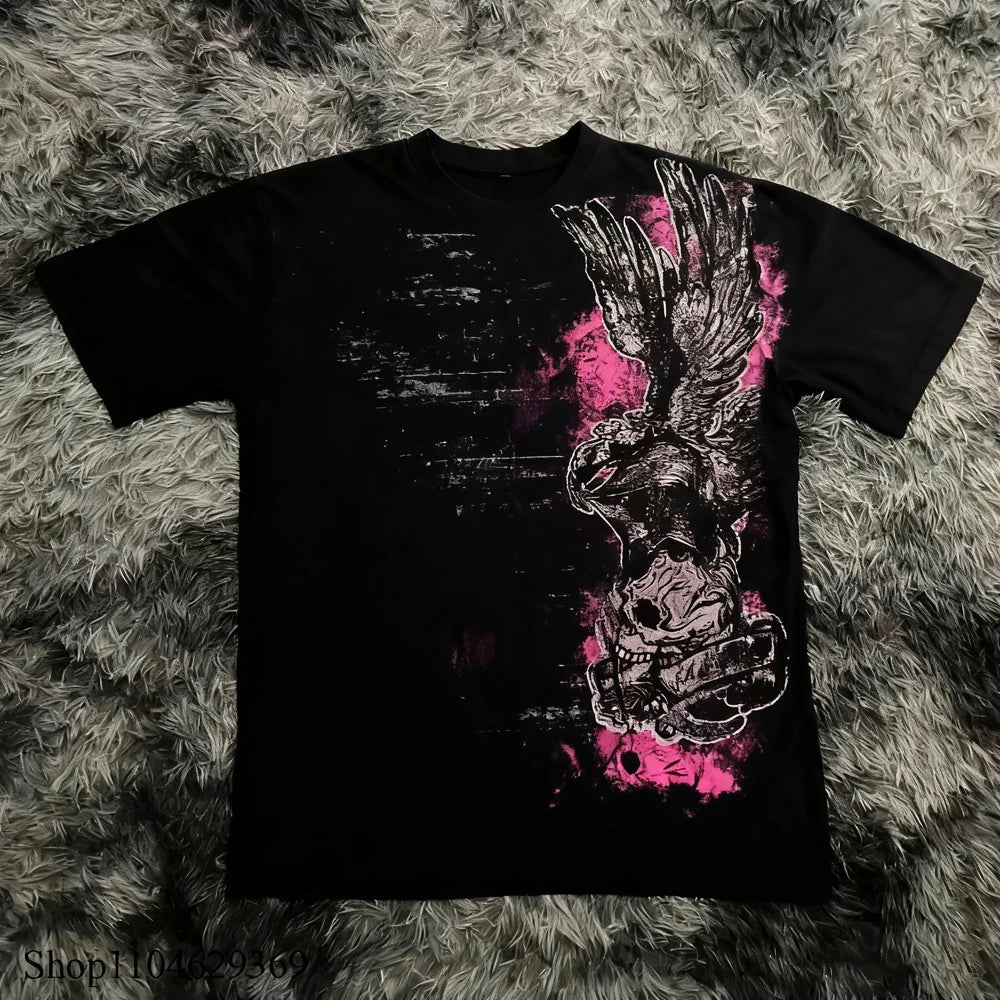 Clássico y2k estilo gótico camiseta impressão oversized t camisa camisas de rua alta gótico em torno do pescoço algodão topos nova camisa das mulheres dos homens