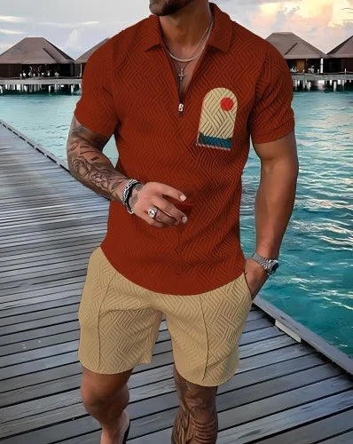 Agasalho de verão masculino terno esportivo conjunto 3d impresso casual manga curta t camisa lapela zip polo roupas masculinas jogging