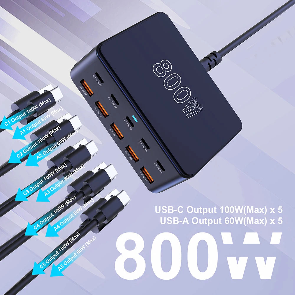 800W USB C GaN Carregador 100W PD3.0 PPS QC3.0 Estação de carregamento rápido multiporta para iPhone 15 16 Samsung Macbook Pro Laptops Tablets