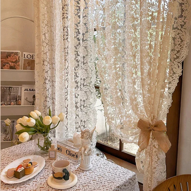 1pc estilo coreano francês ins creme estilo renda tule cortina para quarto e cozinha pequena janela decoração, cortinas de janela de casa