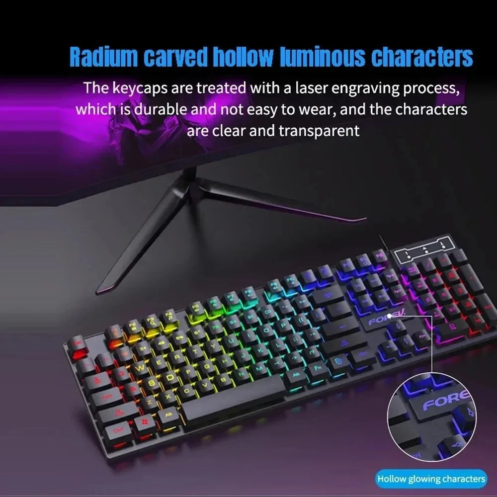 Teclado mecânico retroiluminado kebidumei com 104 teclas, teclado para jogos com fio, conjunto de teclado e mouse luminosos para jogadores, pc, laptop, escritório