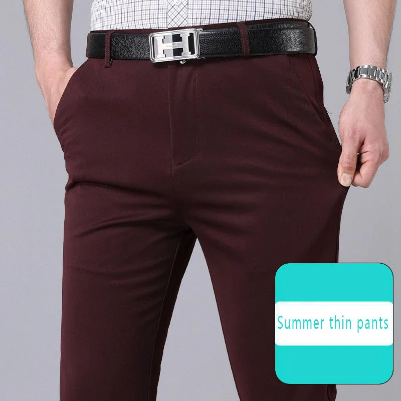 Masculino inteligente calças casuais elástico esportes calças de secagem rápida primavera outono comprimento total em linha reta escritório preto marinho calças de trabalho