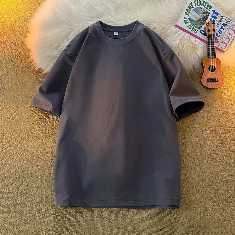 Camiseta Unissex 2026 de Algodão Pesado 200g, Ombro Completo, Solta, para Casal, Verão, Meia Manga, Básica, Casual, Streetwear, Respirável
