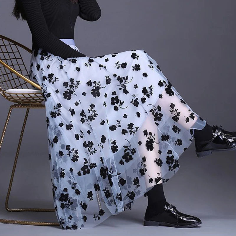 Mulheres coreanas saia de tule moda verão gancho floral solto midi saia elegante feminino casual todos os jogos saias de malha novo