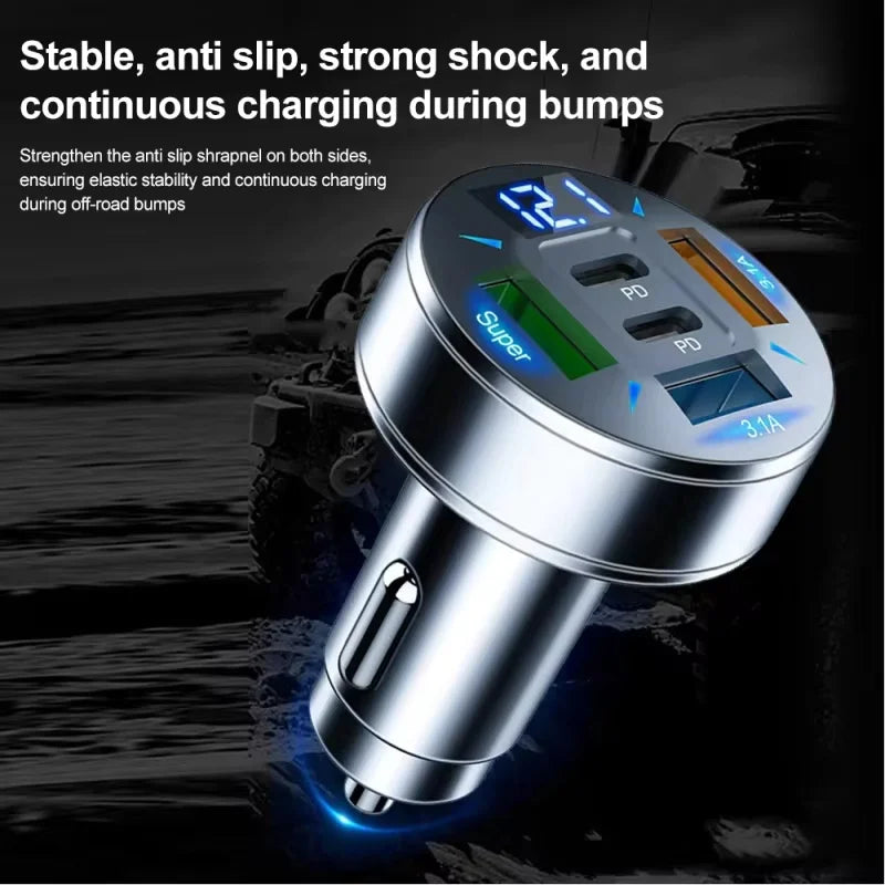Carregador de Carro 250W com 5 Portas, Carregamento Rápido PD QC3.0, Adaptador USB C para Celular com Medidor de Voltagem para iPhone, Samsung, Huawei, Xiaomi