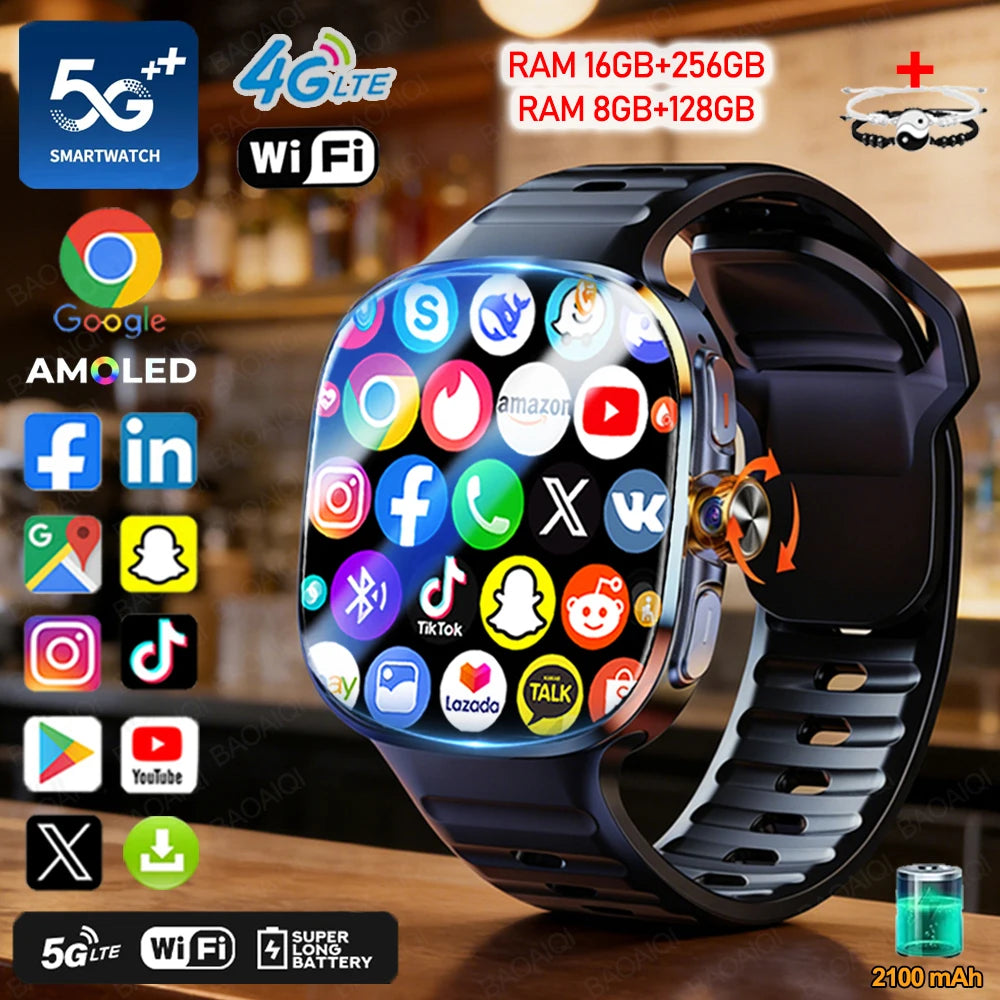 Relógio Inteligente 5G com Tela AMOLED HD de 720*720, Chamada de Vídeo, 8GB+128GB RAM, GPS, WIFI, Google Play, Relógio Inteligente com Previsão do Tempo