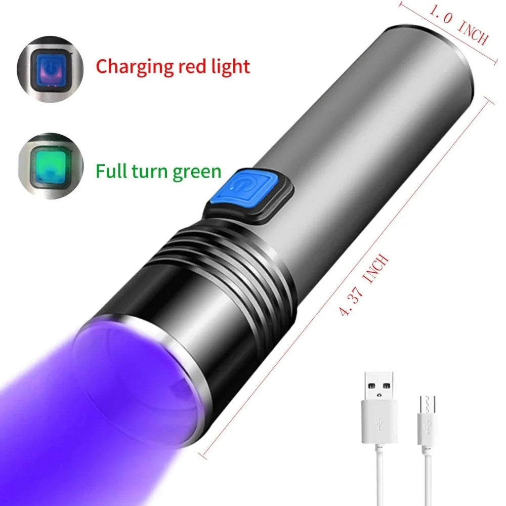 Lanterna USB recarregável 365nm lanterna uv de alumínio portátil luz ultravioleta tocha luz preta detector de urina para animais de estimação lanternas pretas