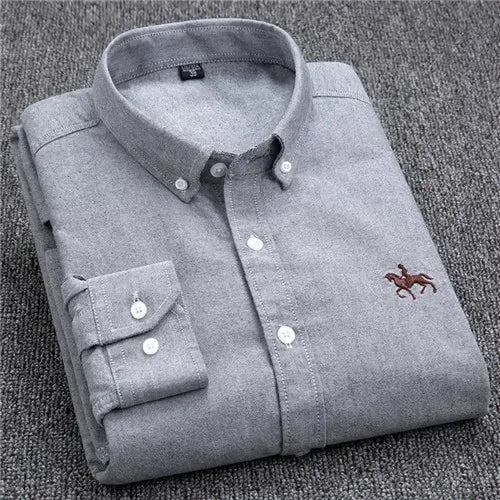 Casual puro algodão oxford camisas masculinas manga longa bordado cavalo design regular ajuste moda botão homem vestido branco camisa