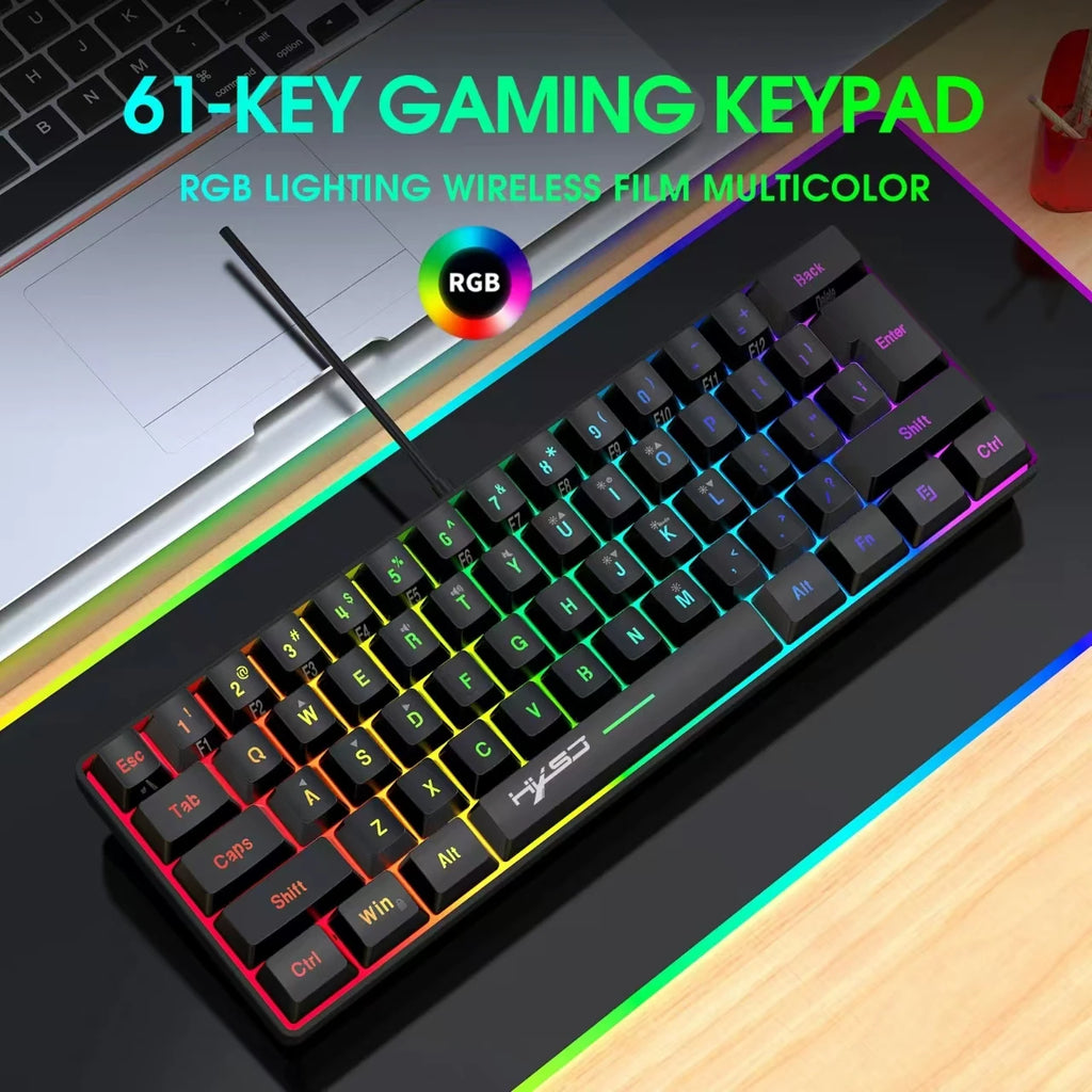 Teclado para jogos com fio 60%, mini teclado ultra compacto com luz de fundo RGB, teclado pequeno e compacto de 61 teclas à prova d'água para jogadores de PC/Mac