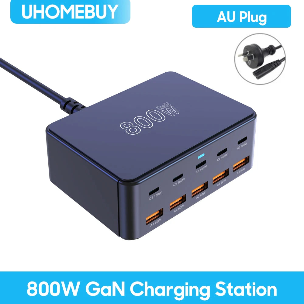 800W USB C GaN Carregador 100W PD3.0 PPS QC3.0 Estação de carregamento rápido multiporta para iPhone 15 16 Samsung Macbook Pro Laptops Tablets