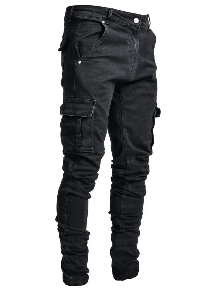 Novos calças de brim dos homens lavar cor sólida multi bolsos denim meados de cintura carga jeans plus size fahsion calças casuais masculino uso diário