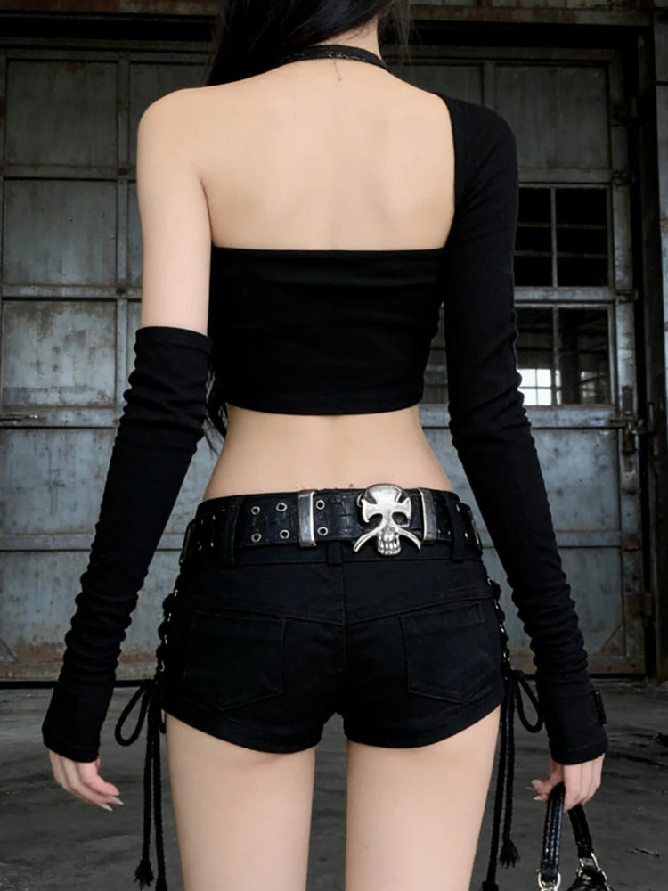 Shorts jeans góticos pretos femininos, calça jeans de cintura baixa coreana, estética vintage, roupas de verão