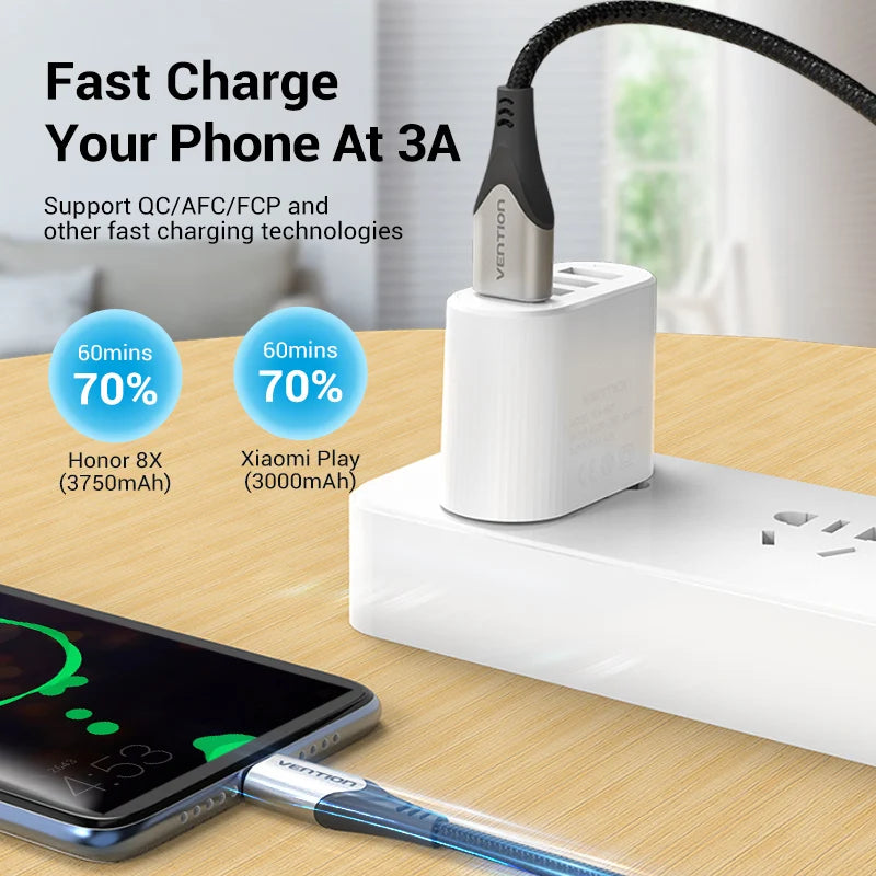 Vention-micro usb 3a cabo de nylon, carregador rápido, tipo c, download de dados, para samsung, xiaomi, lg, android