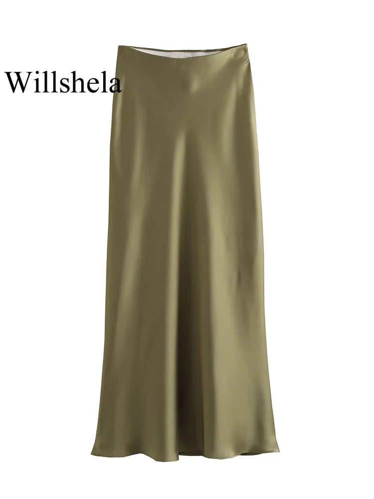 Willshela 2024 saia de cetim preto mulher cintura alta elegante saias longas para as mulheres moda verão midi saia escritório saias femininas
