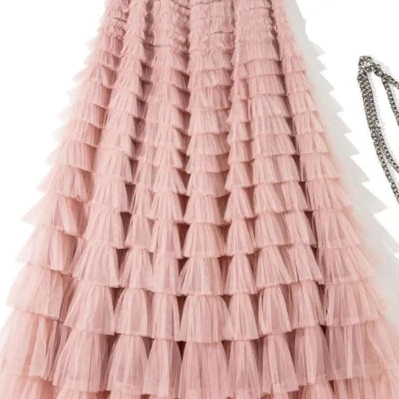 Saia de Camadas em Tule Estilo Princesa com Cintura Elástica, Vestido Longo Estilo Coreano, Saia Midi de Cintura Alta em Teci...