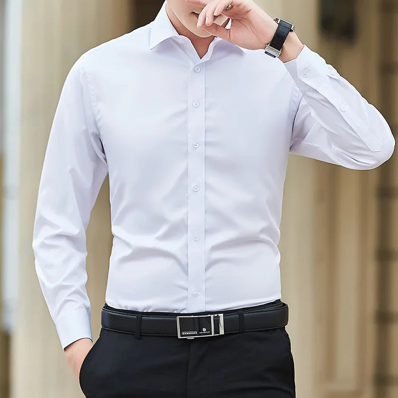 Novo plus size masculino cor sólida camisa de negócios moda clássico básico casual magro branco manga longa camisa roupas marca