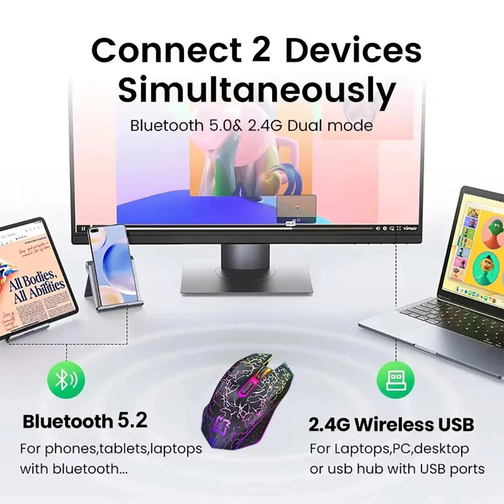 Mouse bluetooth de modo duplo rgb 2.4g, mouse sem fio para jogos, 6 botões, silencioso, para macbook, tablet, laptops, computador