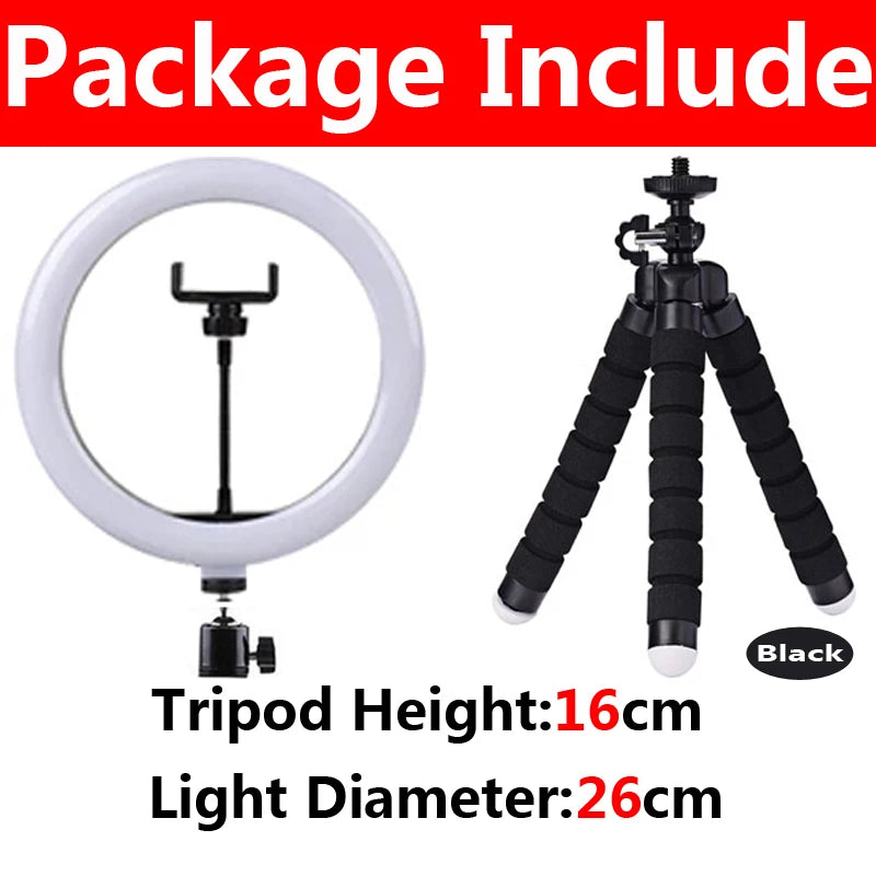 Anel de luz LED de 12 polegadas para fotografia, iluminação de celular com tripé, lâmpada redonda USB para vídeos do YouTube e transmissões ao vivo.