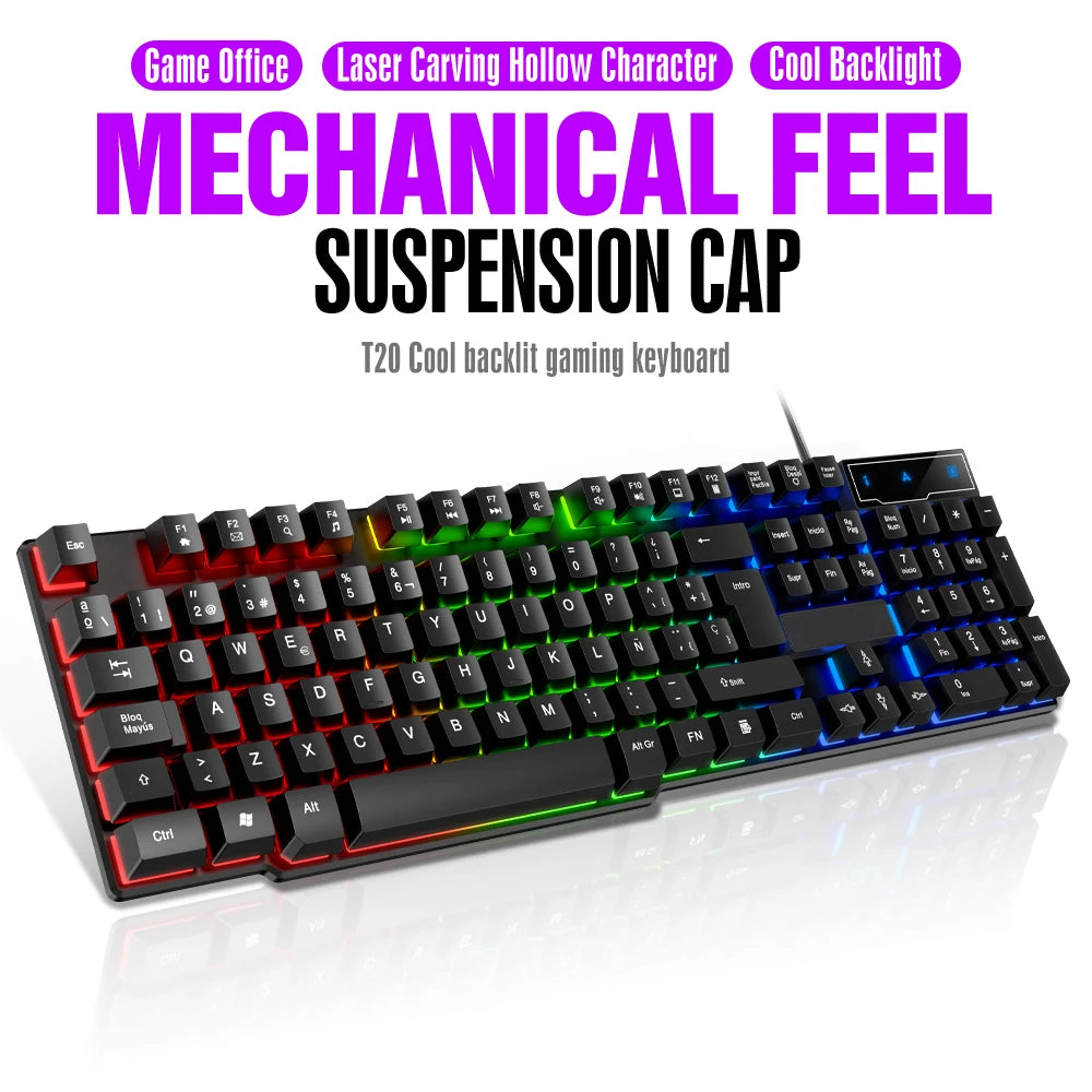 Teclado com Fio T20, Acessórios para Computador, Teclado Russo e Espanhol, USB, Retroiluminado RGB, Teclas Mecânicas, Padrão 104 Teclas