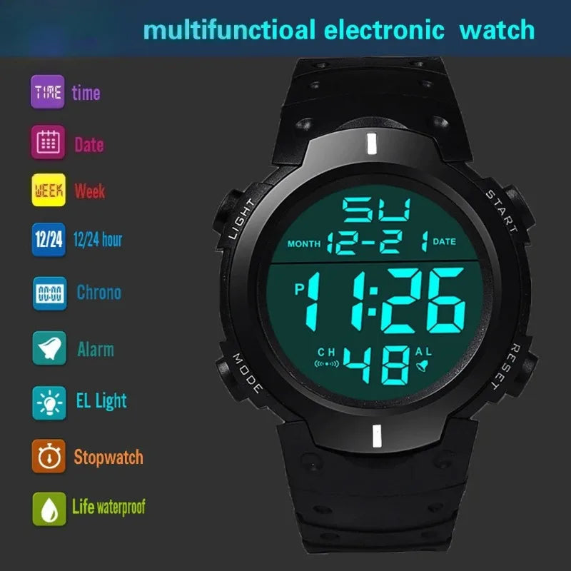 Esporte masculino led relógio digital multi-funcional borracha fitness atleta cronometragem relógio eletrônico reloj