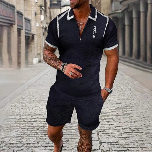 Agasalho de verão masculino terno esportivo conjunto 3d impresso casual manga curta t camisa lapela zip polo roupas masculinas jogging