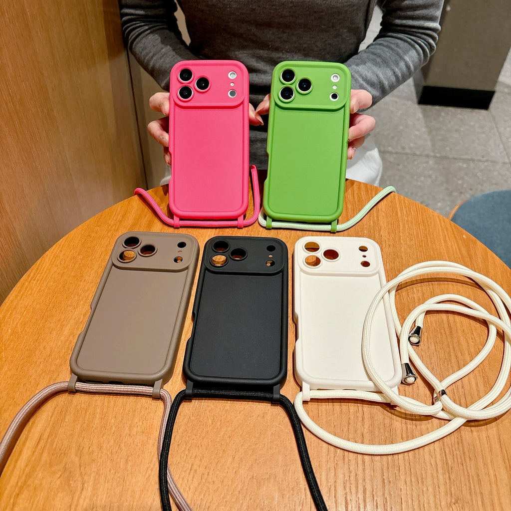Capa de Celular para iPhone 17 16 15 14 13 12 11 Pro Xs Max 7 8 Plus 16e 17e com Alça Ajustável Transversal e Cordão, Capa Macia