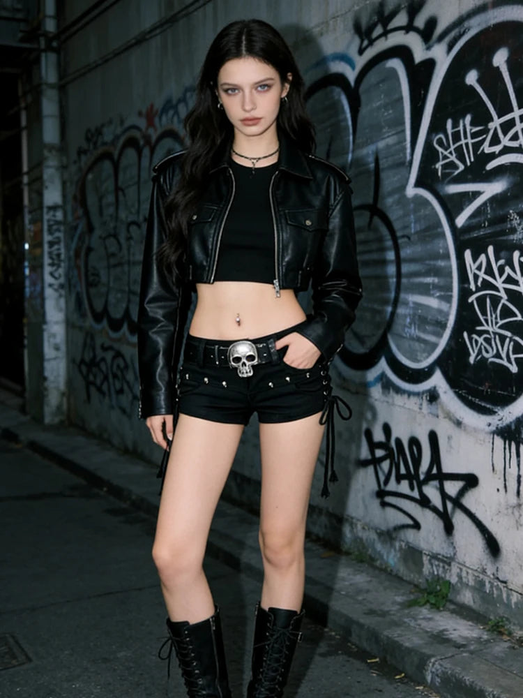 Shorts jeans góticos pretos femininos, calça jeans de cintura baixa coreana, estética vintage, roupas de verão